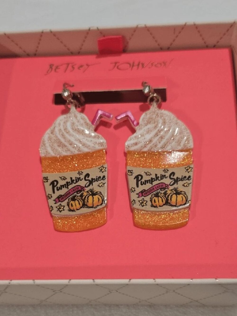 Betsey Johnson Earrings Pumpkin Spice Frozen Latte Dangle Orange Drink NEW